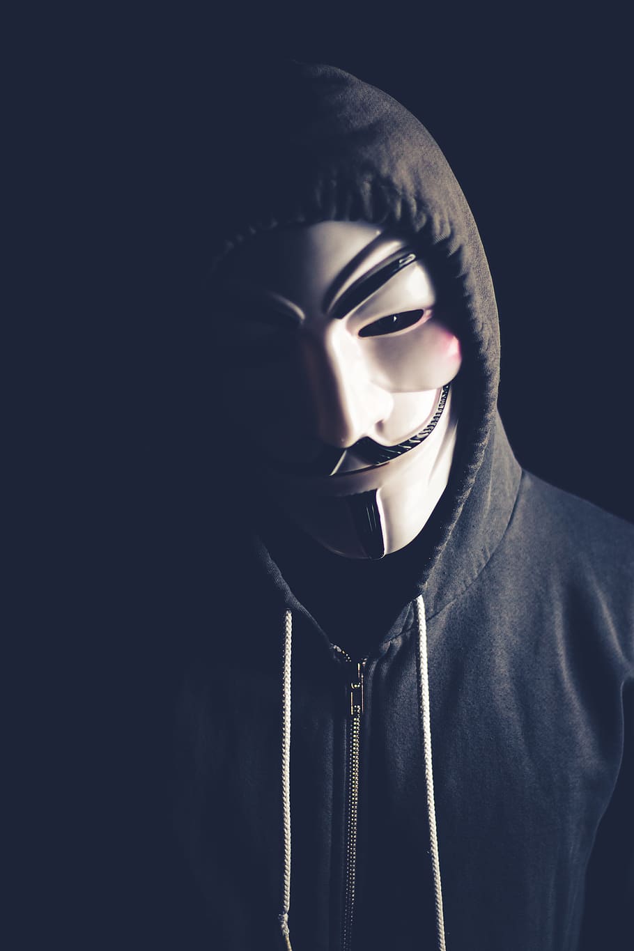 person, guy fawkes mask, grey, zip-up drawstring hoodie, anonymous, hacker, network, mask, cyber, computer