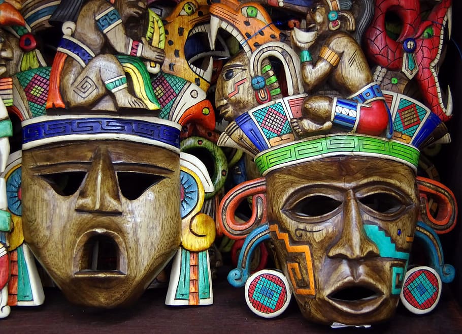 two, brown, wooden, masks, surface, mexico, mask, art, decoration, culture