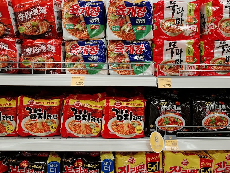 assorted noodle packs, mart, spicy beef, shop, super market, food, korean, products, separator, range
