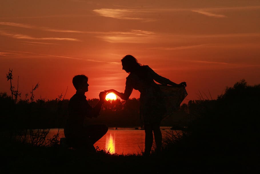silhouette, man, kneeling, woman, dress, couple, love, sunset, water, sun