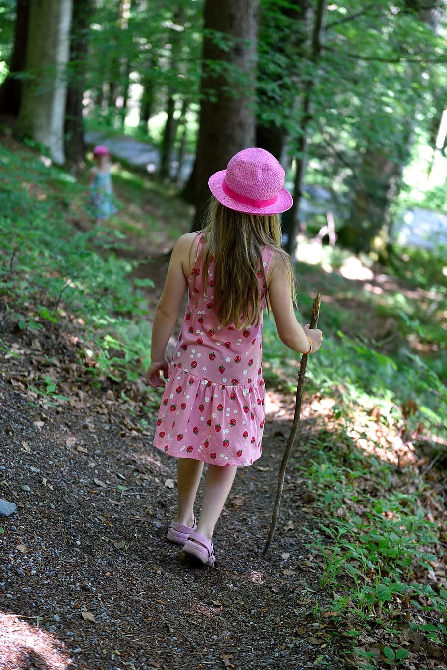 selective, focus photography, girl, holding, stick, child, person, human, hiking, walk