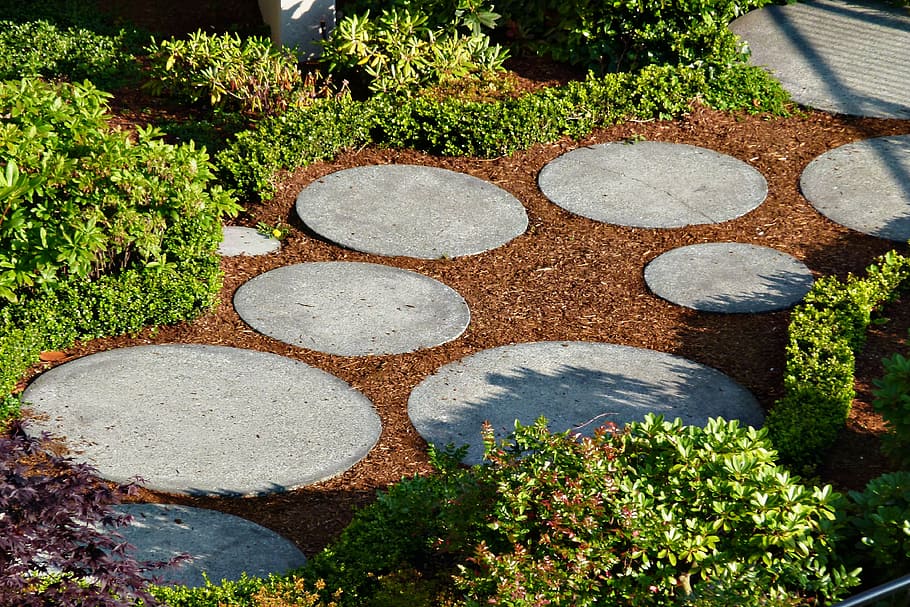 garden, round, concrete, pavement, path, big tiles, stones, pathway, way, landscape