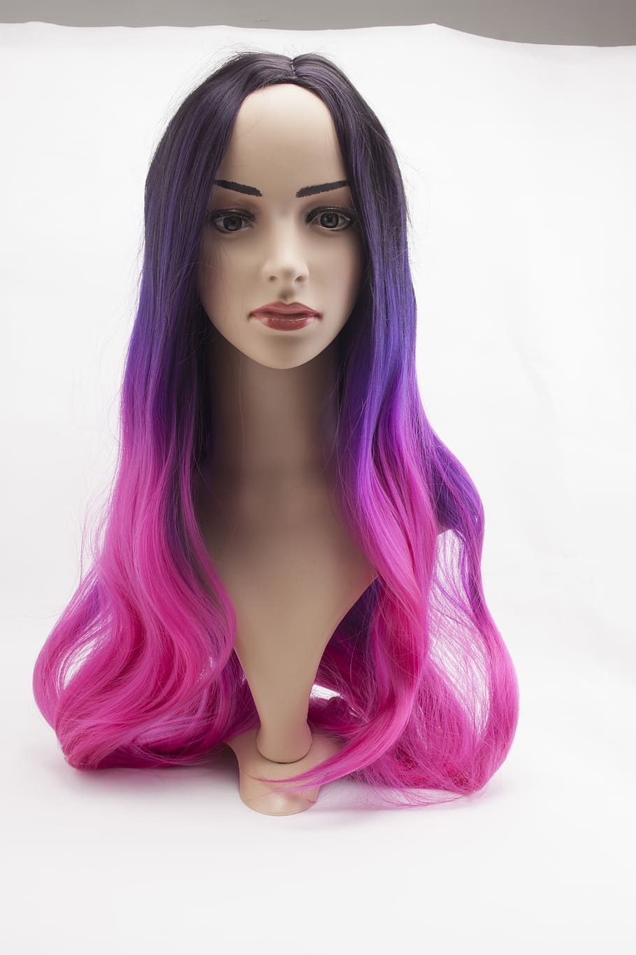 woman head mannequin, wig, mannequin head, cosplay, pink hair, artificial, model, indoors, white background, hairstyle