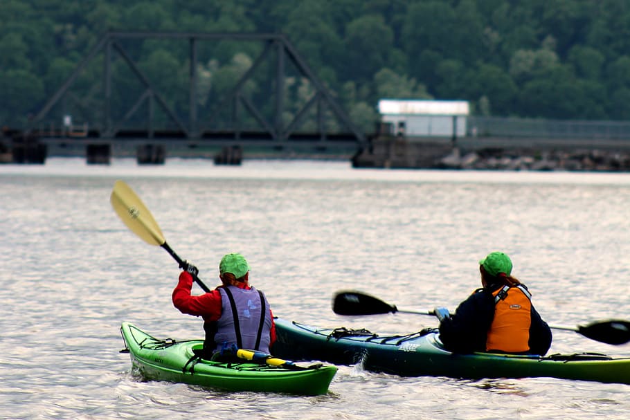 two, people, riding, kayak, daytime, kayaker, boat, paddle, river, sport