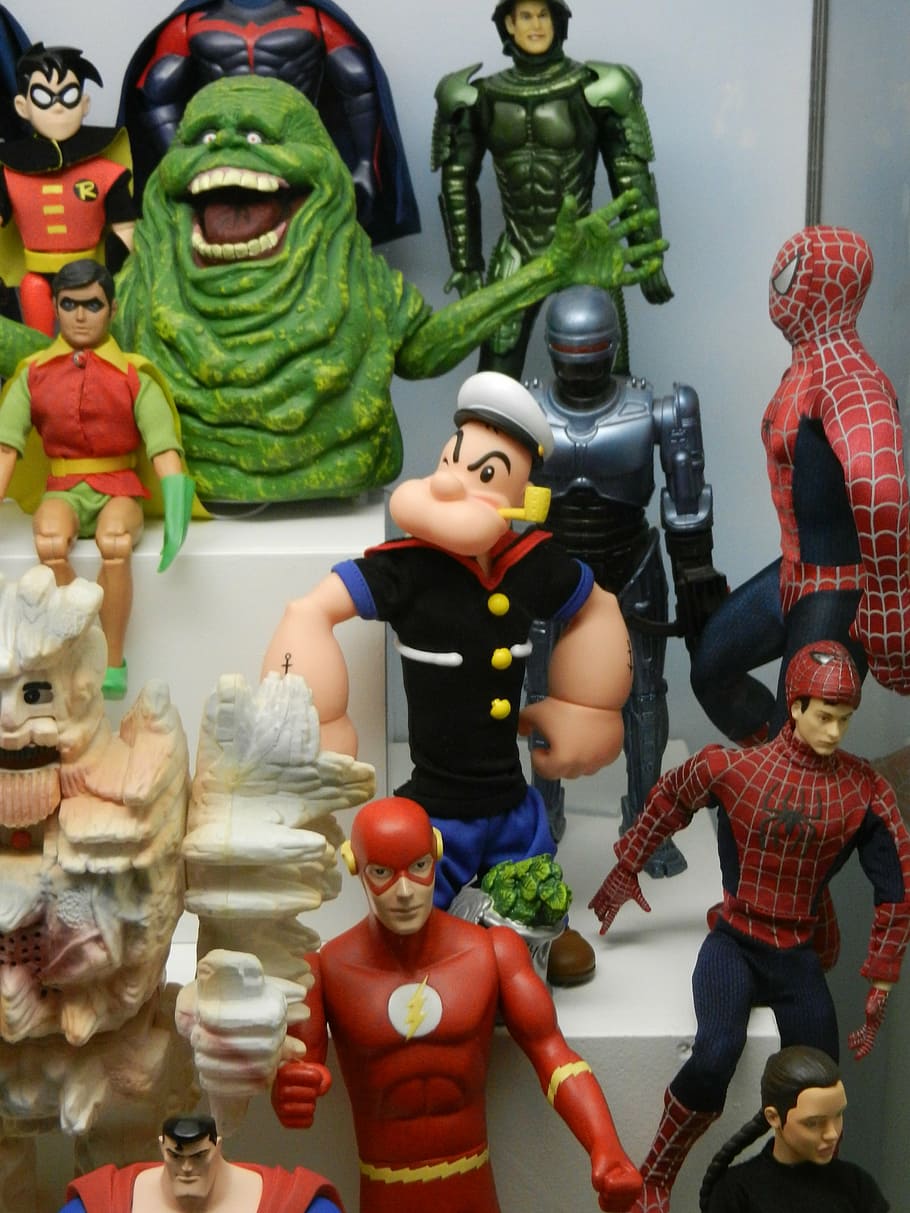 assorted-color character toys, wall, jabba, spiderman, superman, batman, robocop, cartoon, cartoons, comics