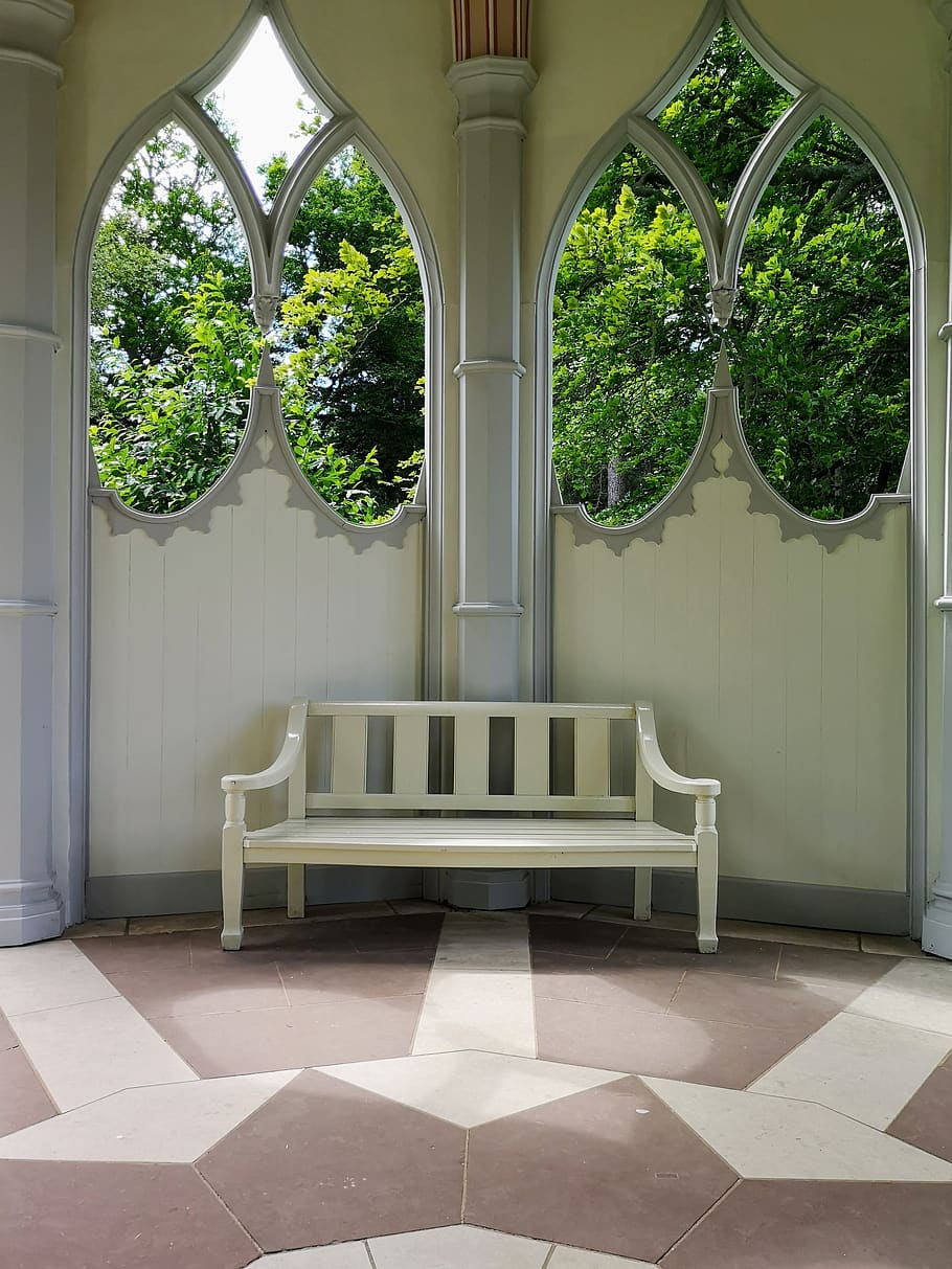 bench, white, chair, wooden, settle, seat, garden, gothic, rest, sit