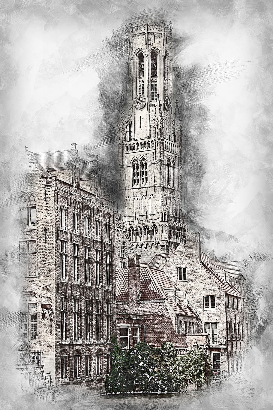 high-rise building sketch, belfry, tower, bruges, canal, channel, romantic, historically, places of interest, old town