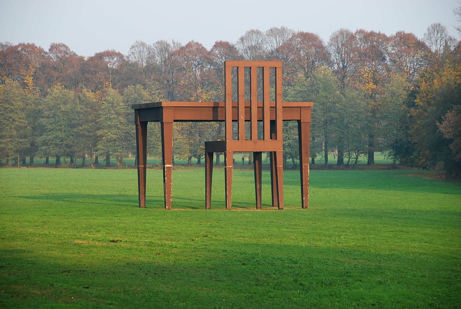 brown, wooden, desk, chair, green, grass field, table, park, tree, monza