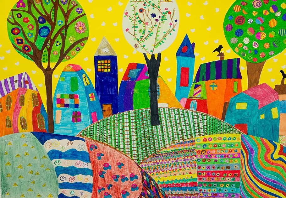 ciudad, montaña, pintura de colinas, dibujos infantiles, coloración, pueblo, jardín, mesa, ilustración, vector