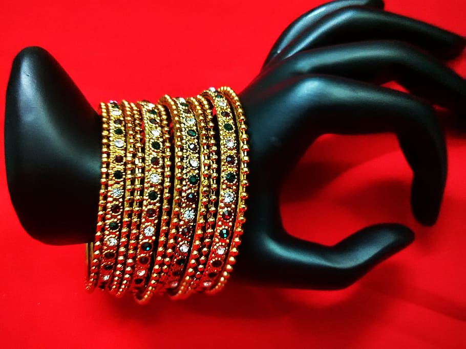 gold-colored bangles, assorted-color gemstones, jewelry, elegance, jewellery, accessories, fashion, woman, red, women