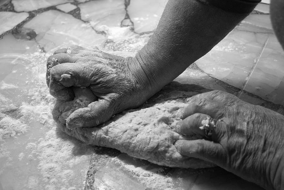 hands, mass, kitchen, flour, knead, bread, hand, work, cook, eat