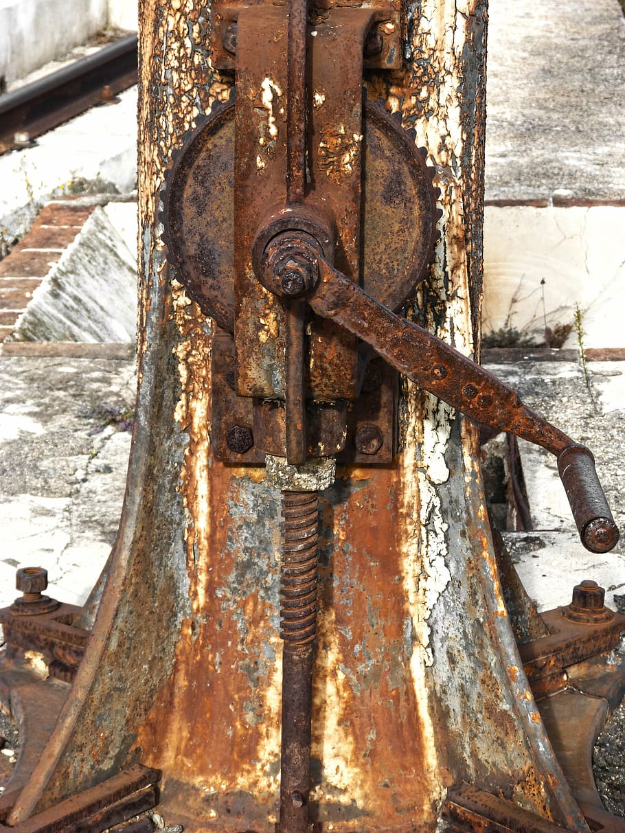 crank, mechanism, machine, gear, old, rusty, obsolete, metal, decline, deterioration