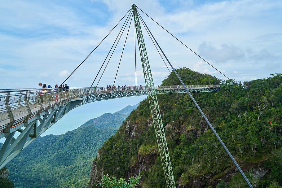 puente, el puente colgante, alto, naturaleza, paisaje, cielo, nubes, azul, asiático, malasia