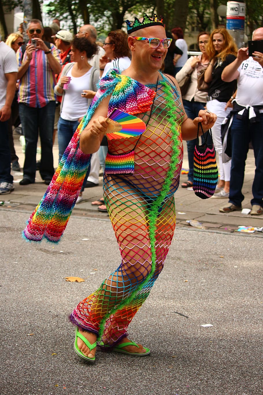 man, wearing, multicolored, fishnet suit, street, csd, colorful, rainbow, dance, pride