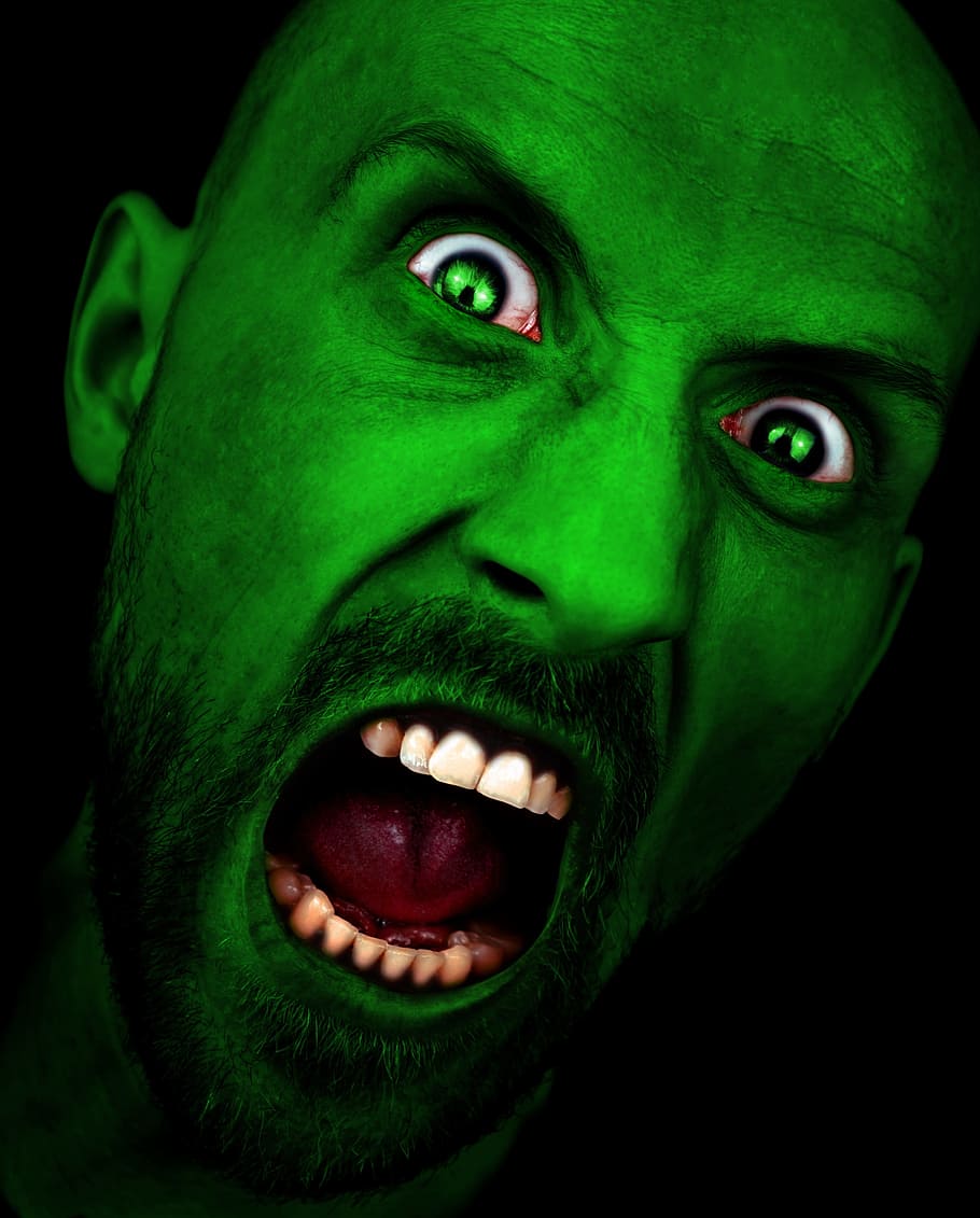 horror, maldad, monstruo, miedo, terrorífico, halloween, zombie, boca abierta, color verde, boca