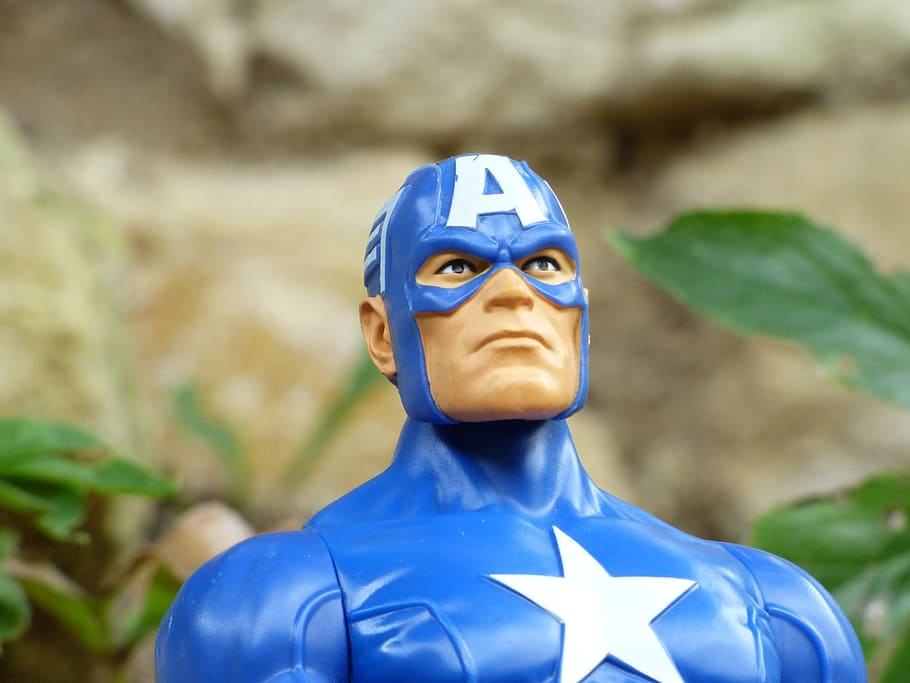 kapten amerika, pahlawan super, mainan, plastik, miniatur, komik, kartun, film, representasi manusia, biru