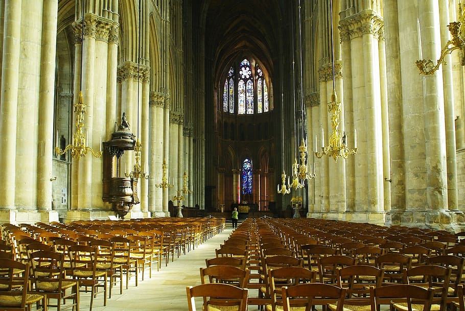 Reims, Cathedral, Nave, Pillars, Chair, reims, cathedral, nave pillars, light, columns, gothic architecture