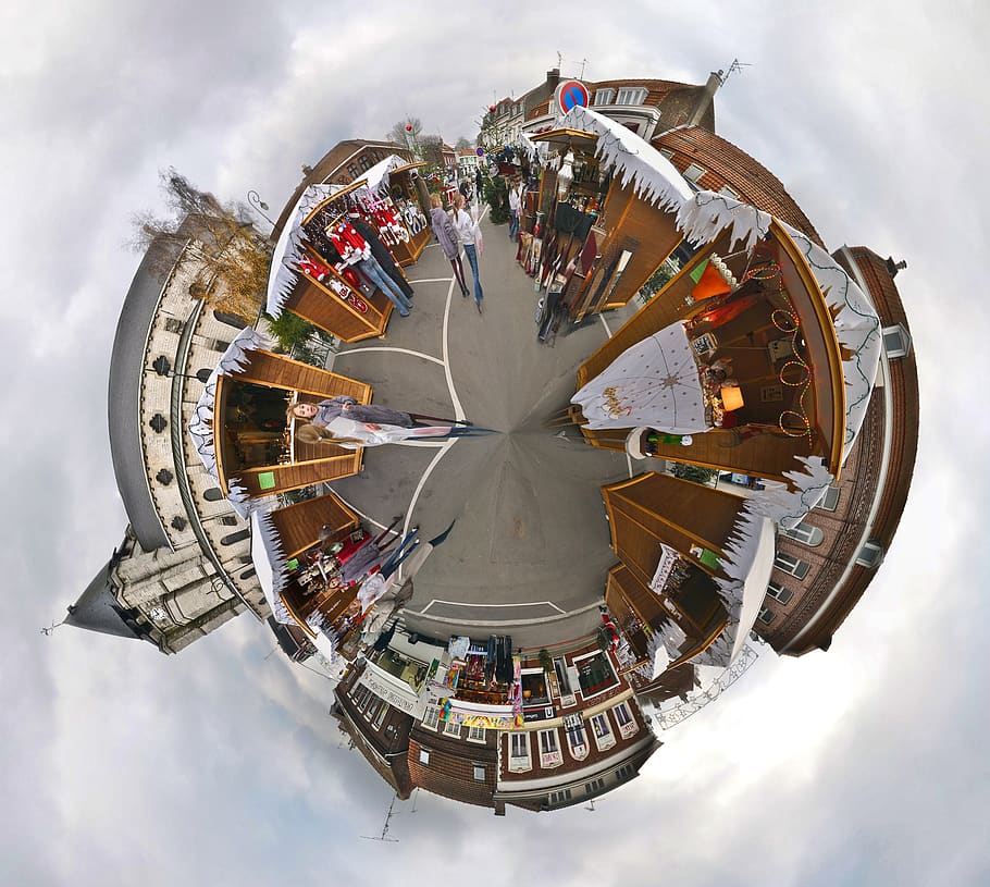 christmas market, church, chalet, small planet, cloud - sky, sky, nature, architecture, large group of people, shape