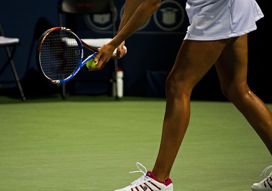 woman, wearing, white, skirt, pair, sneakers, holding, Tennis, competition, sports