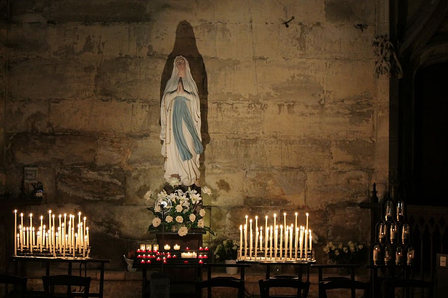 Virgin, Mary, Church, Candle, Flame, virgin, mary, indoors, spirituality, religion, table
