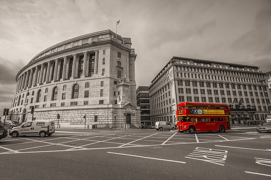 selective, photography, red, buss, london, building, transport, transportation, mode of transportation, built structure