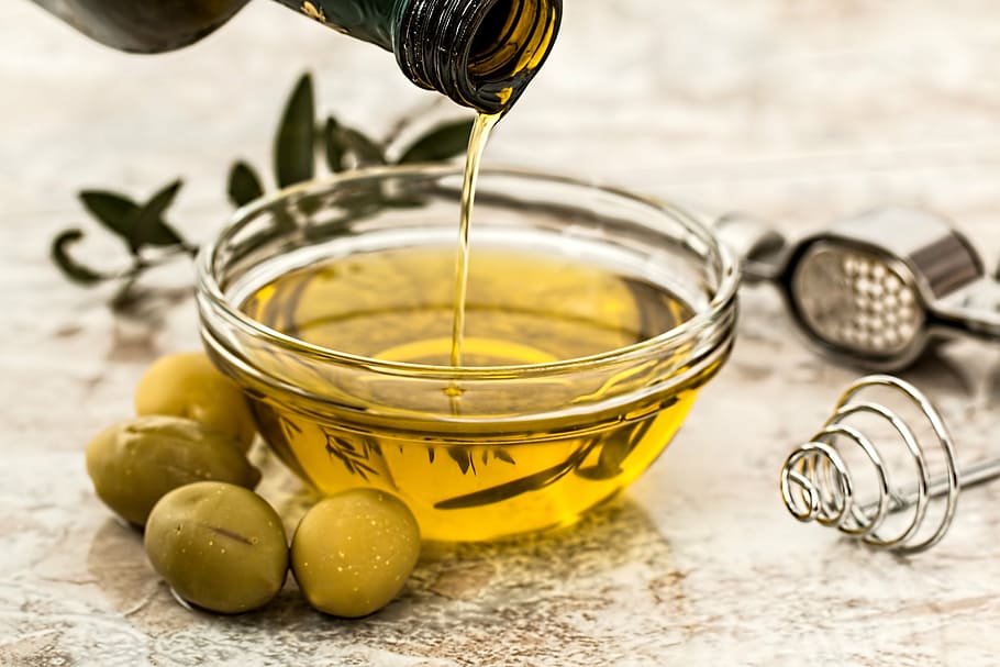 redondo, claro, bol de vidrio, oliva, aceite, aceite de oliva, aderezo para ensaladas, cocina, saludable, vegetariano