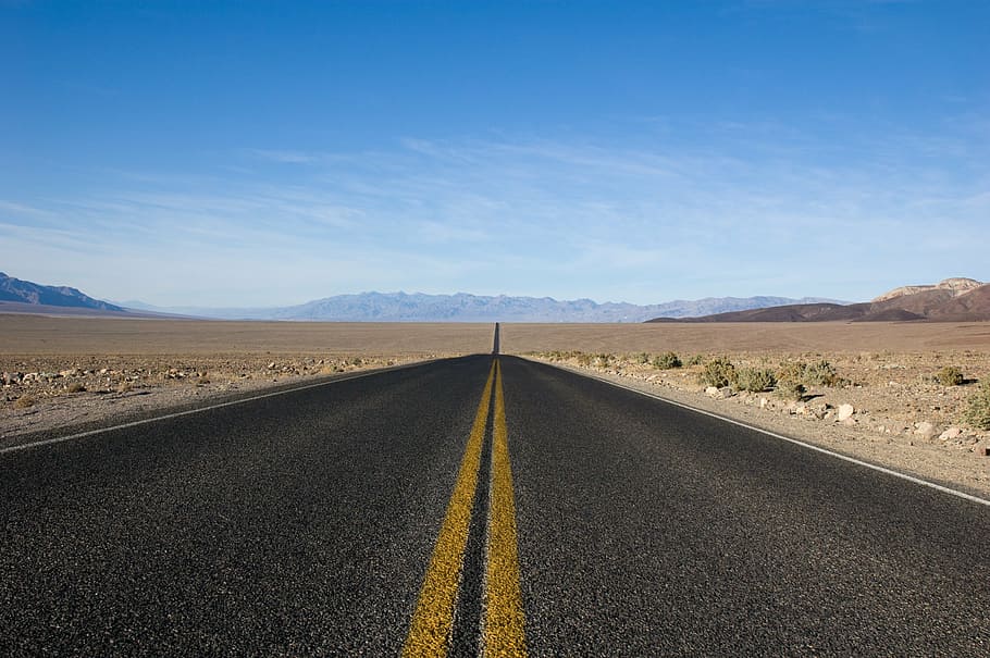 highway road, daytime, never, ending, road, highway, pavement, desert, dirt, landscape