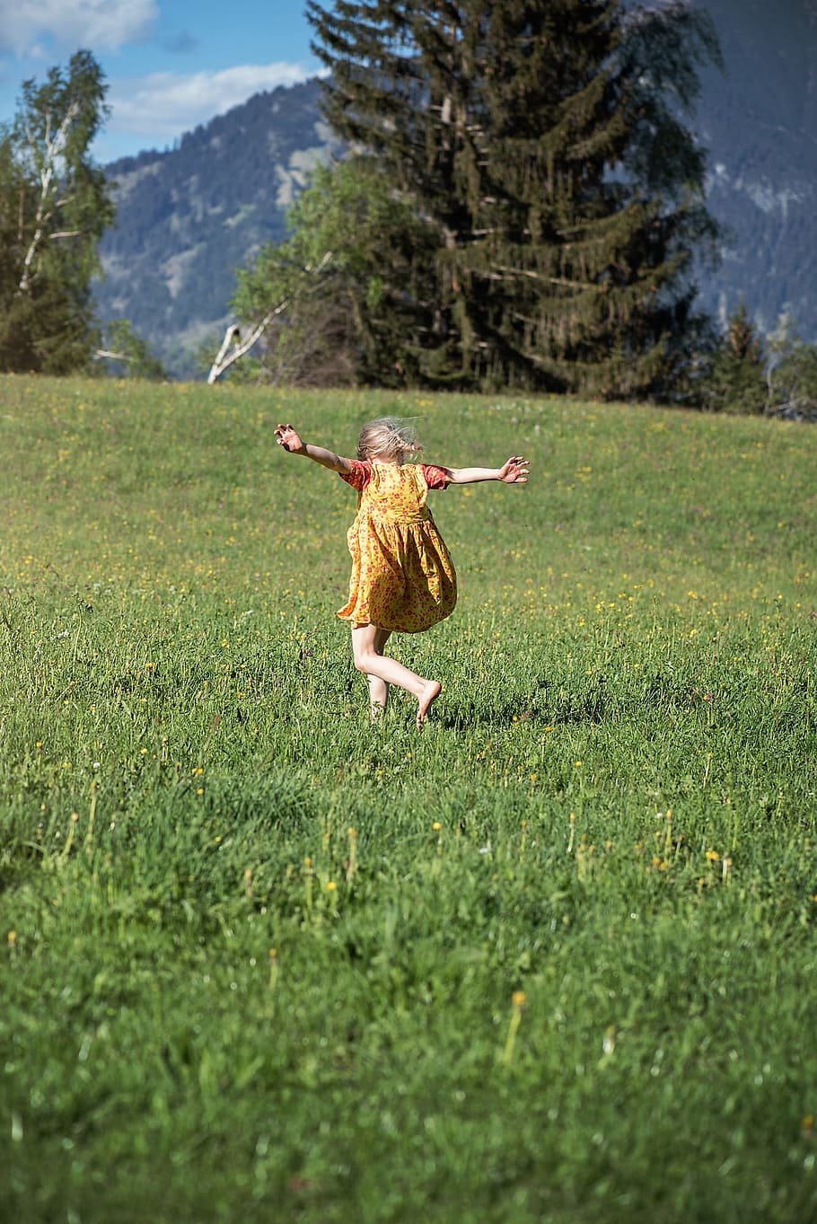 girl, running, green, grass field, pine tree, green grass, human, person, child, nature