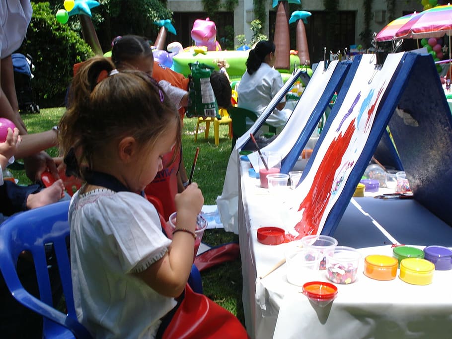 girl, holding, paintbrush, sitting, front, painting, easels, paint, entertain children, childhood