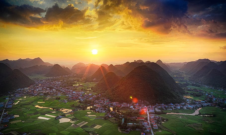 vietnam, landscape photo, binh minh, landscape of vietnam, sky, scenics - nature, environment, sunset, beauty in nature, mountain