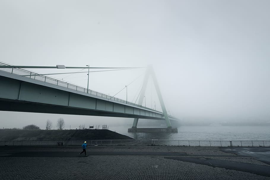 person, standing, white, concrete, bridge, architecture, infrastructure, fog, cold, weather