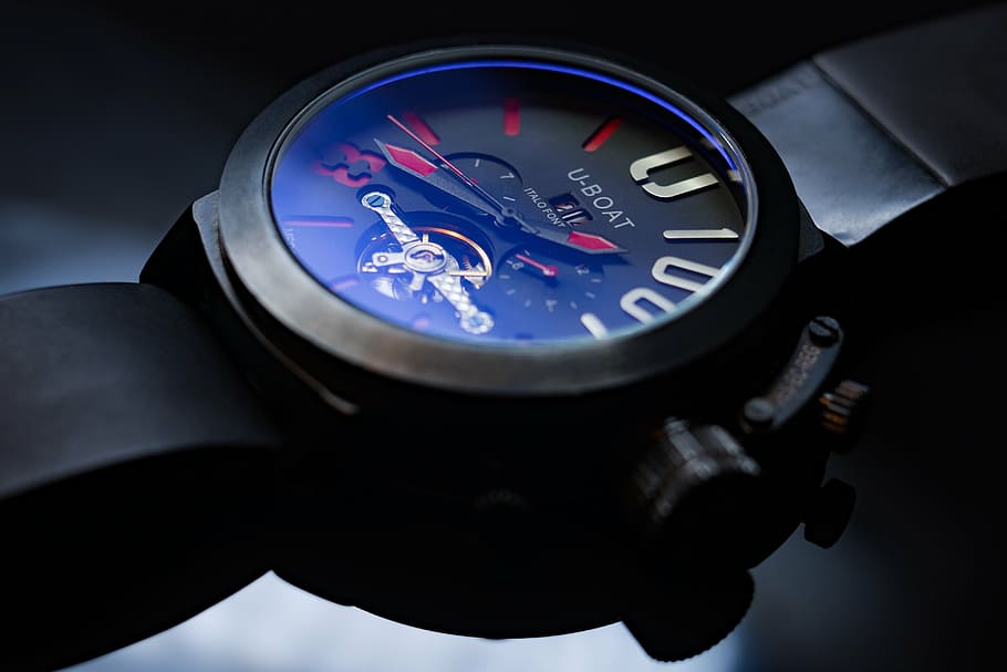 round, black, u-boat chronograph, watch, 1: 42, clock, time, hand, chronograph, duration