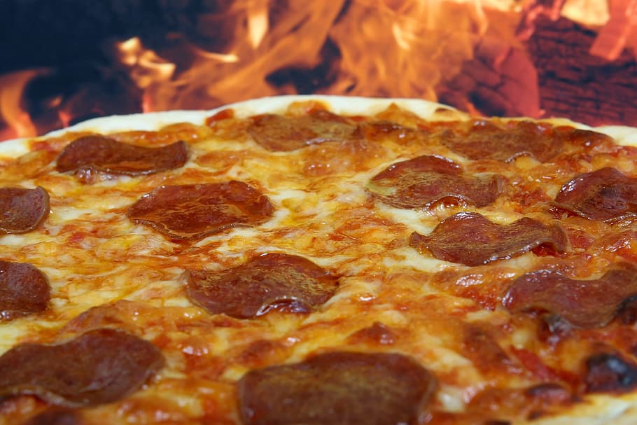 pizza pepperoni, panggangan, amerika, dipanggang, barbekyu, barbeque, bbq, roti, keju, tanah liat