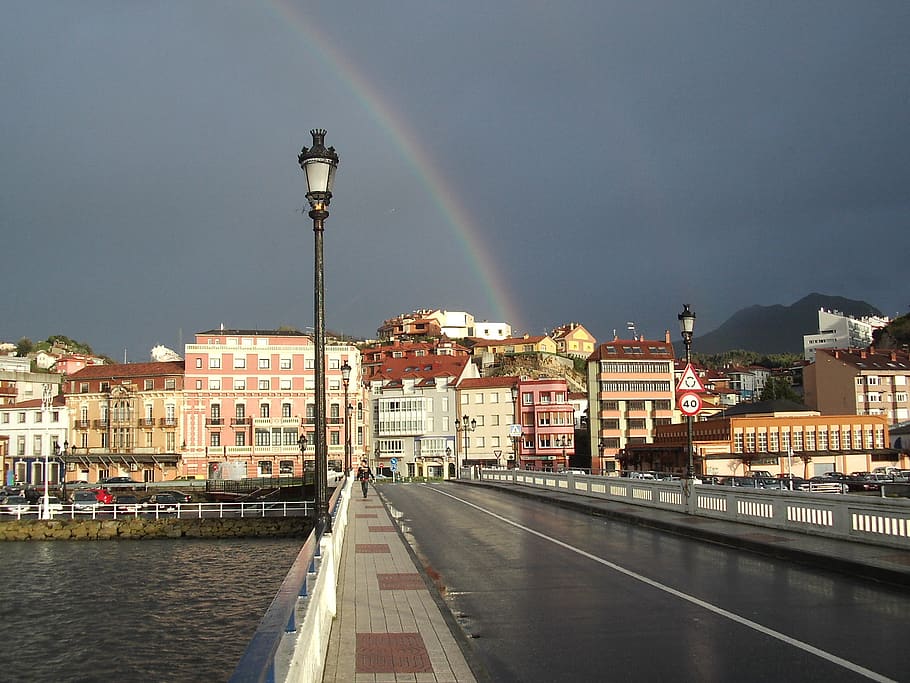 rainbow, street lamp, sky, city, sunset, landscape, ribadesella, asturias, spain, tourism