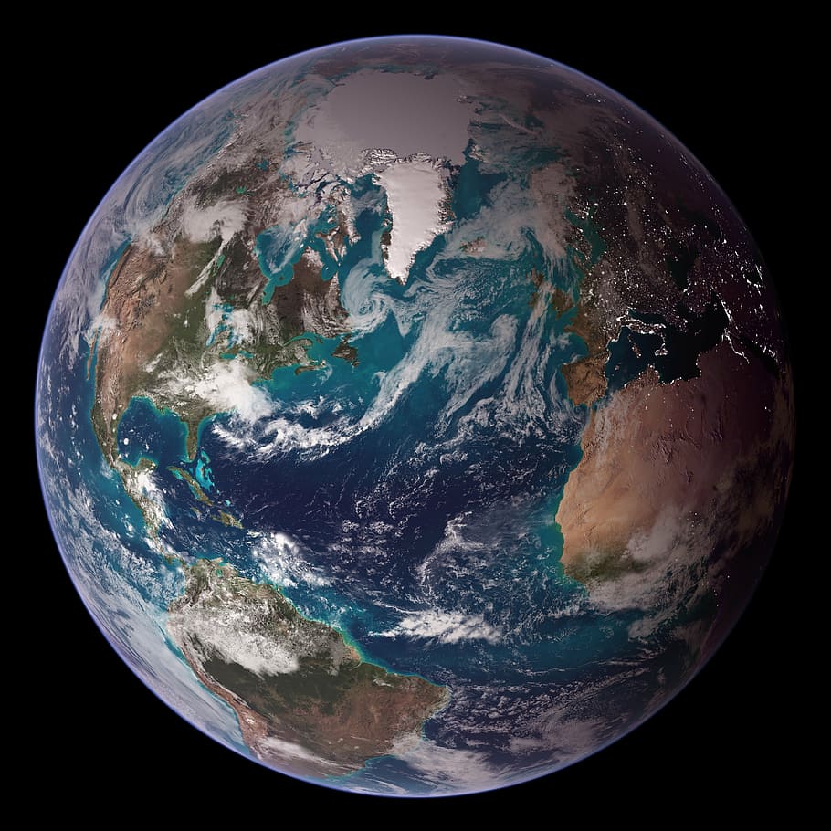 earth illustration, earth, globe, world, western hemisphere, space, sphere, blue, clouds, land