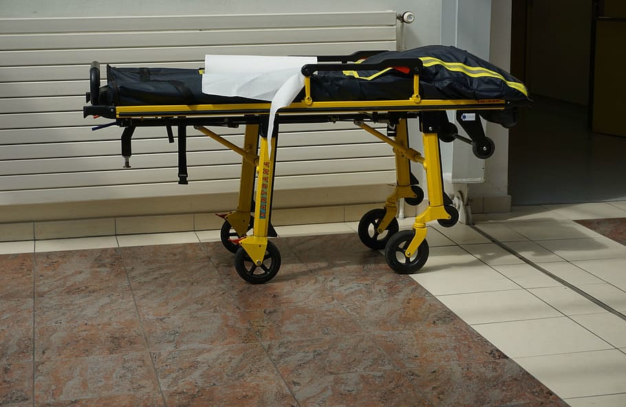yellow, black, hospital bed, white, surface, stretcher, litter, emergency, hospital, transportation