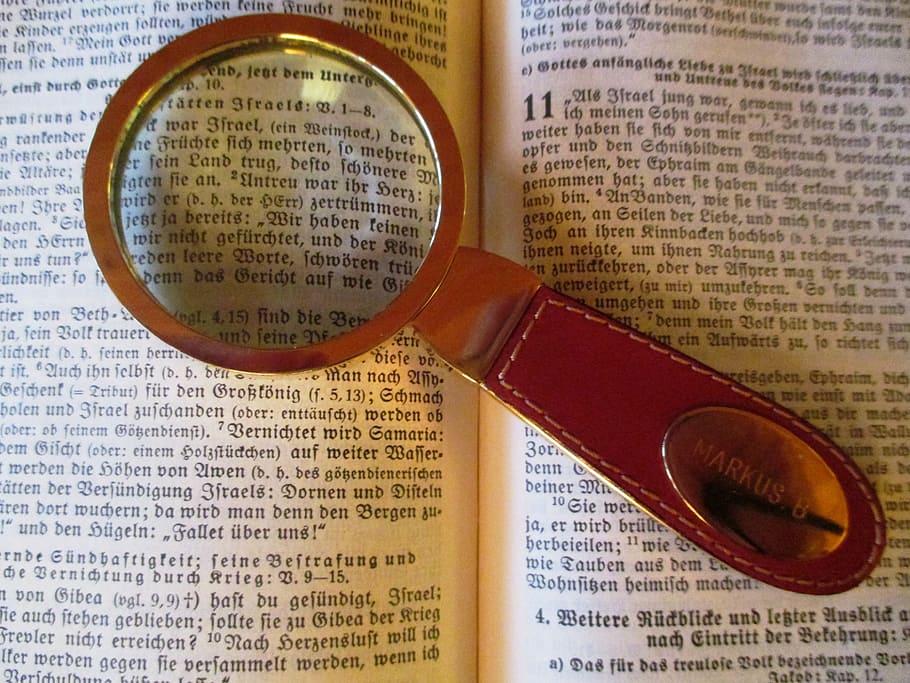 brown, magnifying, glass, book, read, magnifying glass, bible, study, leather handle, engraving