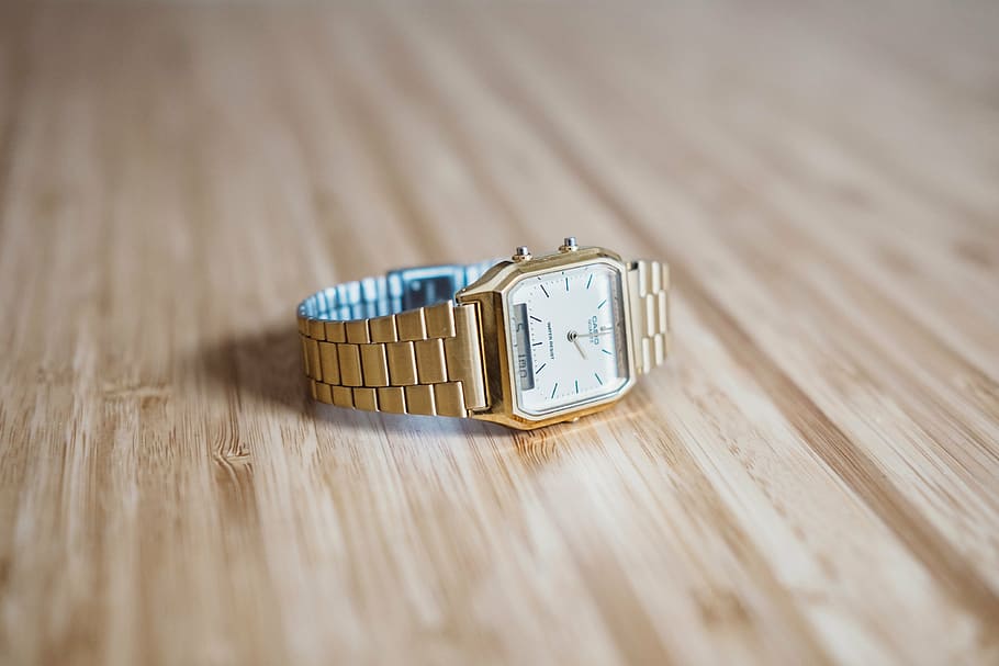 square gold-colored analog, watch, link band, beige, surface, gold, fashion, accessory, wooden, table