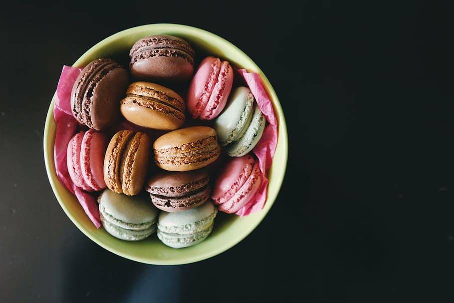 bowl, assorted, color, french, macarons, macaroons, beige, ceramic, food, colorful