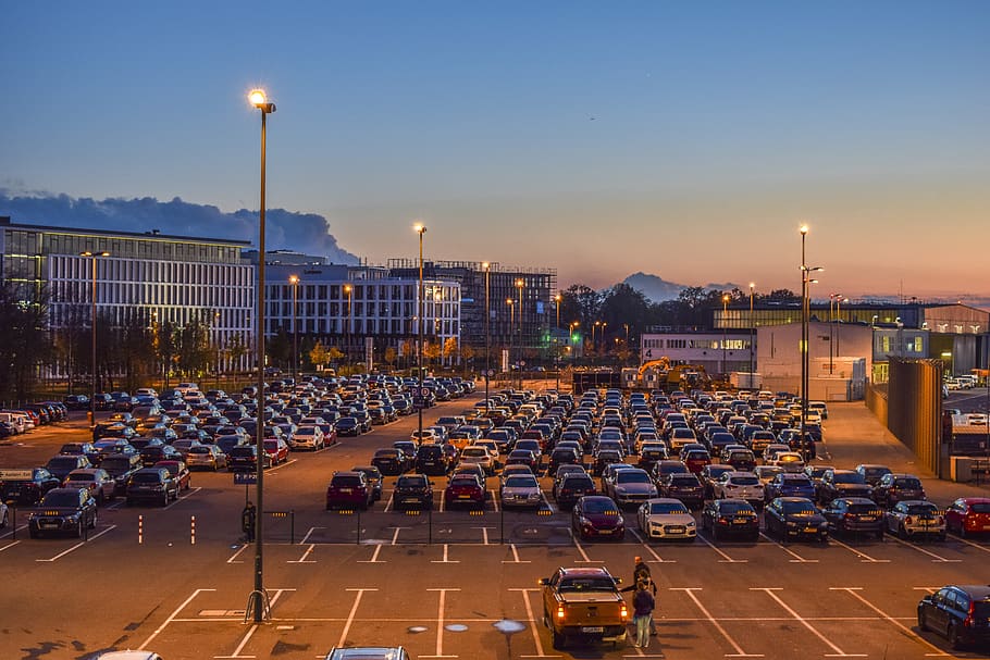 parking, autos, park, vehicles, alternate space, crowded, pkw, airport, evening, lighting