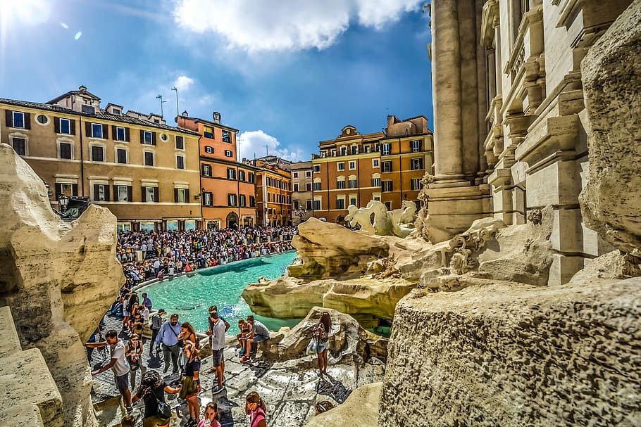 people, standing, beige, concrete, building, daytime, Trevi, Fountain, Rome, Other Side, Italy