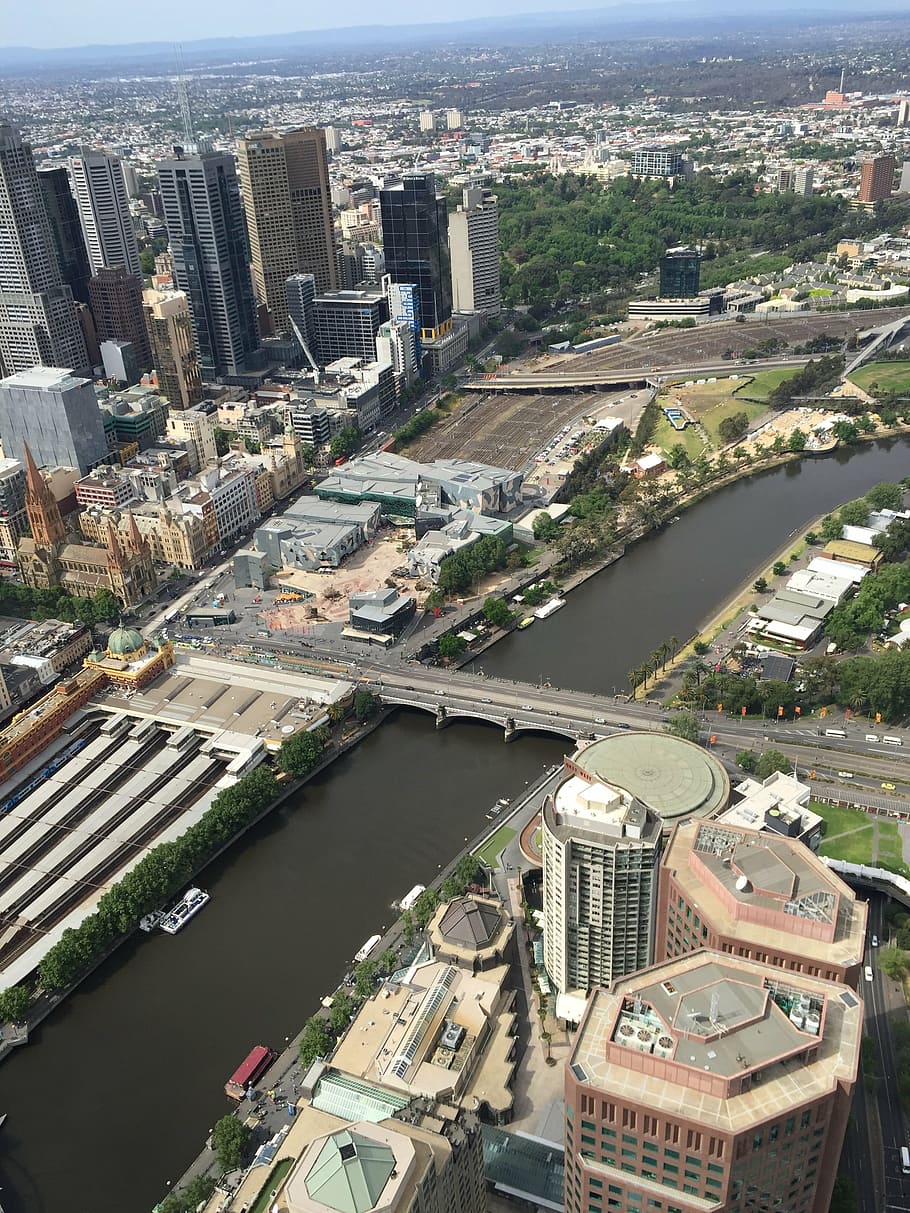 melbourne, melbourne outlook, yarra river, building exterior, architecture, built structure, city, water, high angle view, cityscape