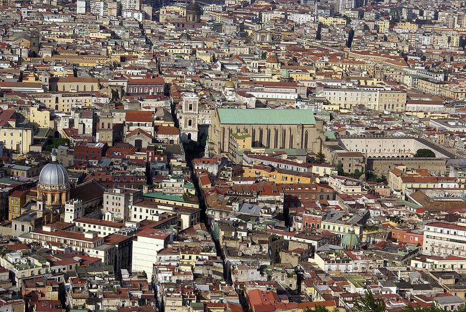 aerial, view, cityscape, spaccanapoli, naples, historical centre, lanes, urban landscape, santa chiara, monuments