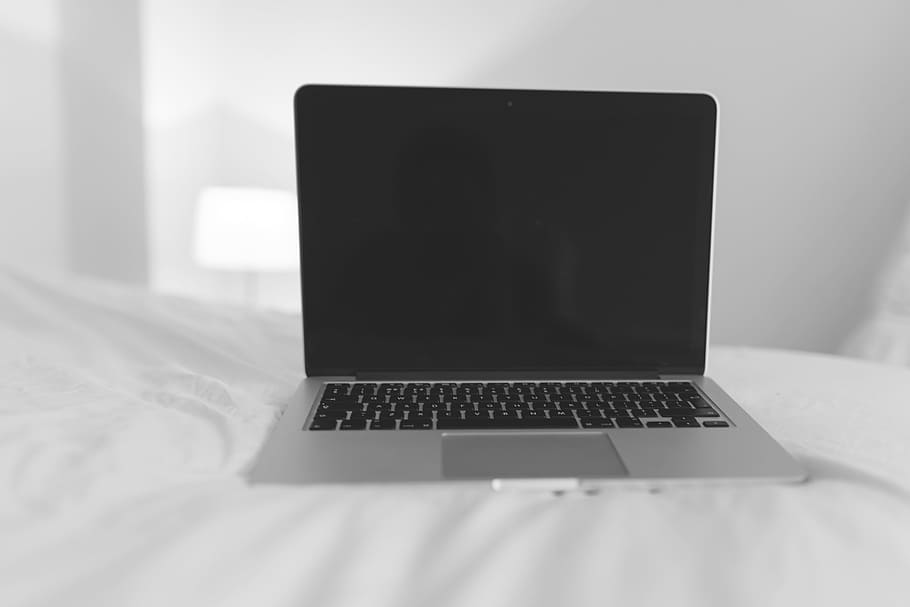 preto, branco, Mínimo, MacBook, Preto e branco, tecnologia, laptop, computador, cama, quarto