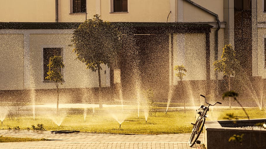 leaning, concrete, rails, turned-on garden sprinklers, Fountain, Bike, Samarkand, City, uzbekistan, central asia