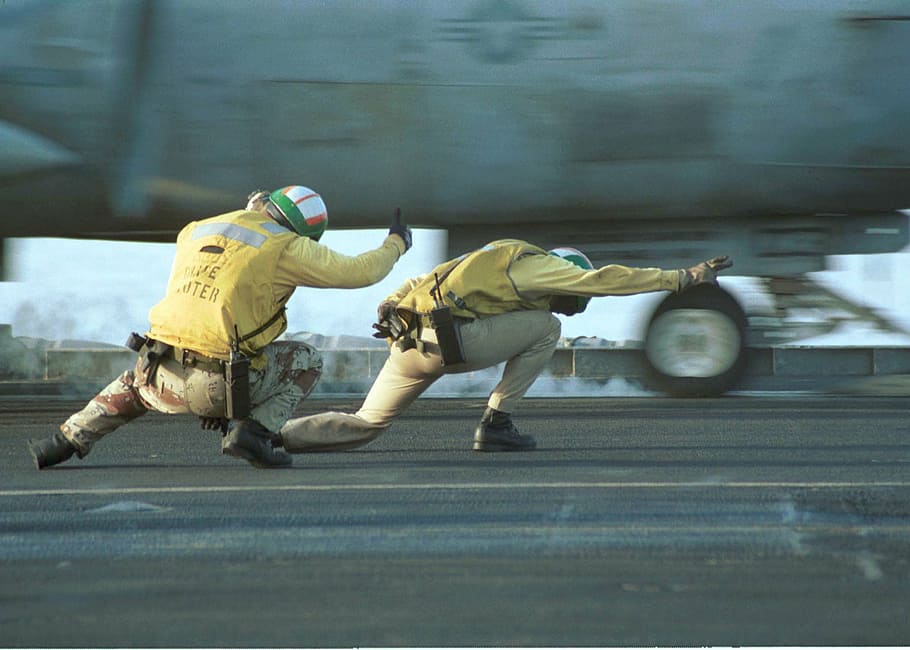 two, man, road, aircraft carrier, us navy, military, flight crew, aircraft, fighter jet, take-off