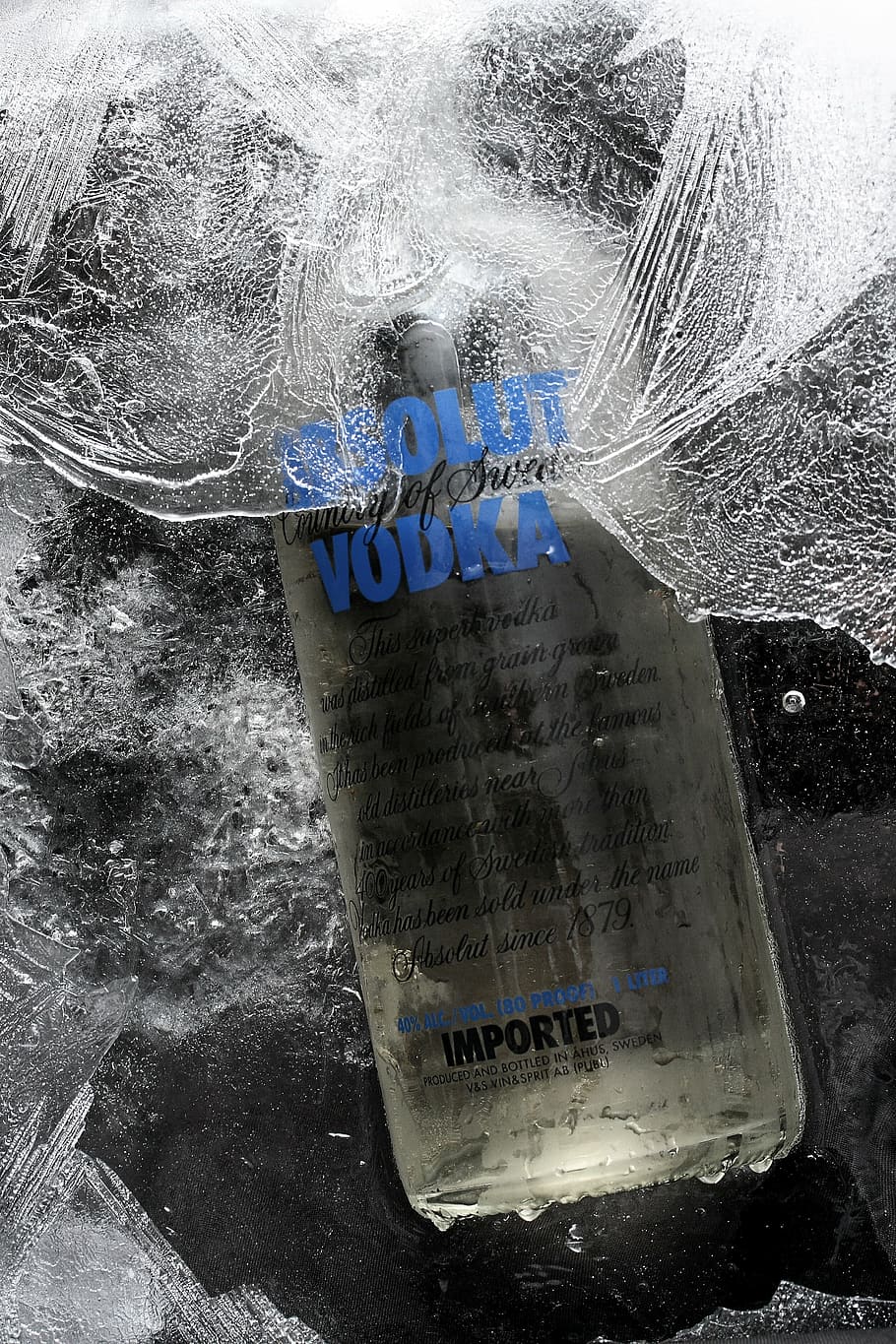 vodka bottle, product, ice, fiction, frozen, cold, wet, bottle, vodka, beverage