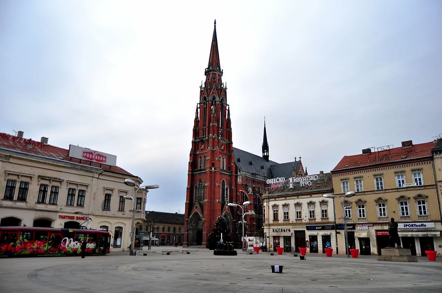 osijek co-cathedral, osijek, neo-gothic, croatia, square, europe, architecture, church, travel, historic