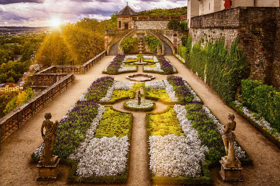 garden, baroque, architecture, historically, symmetry, flowers, colorful, sun, germany, würzburg