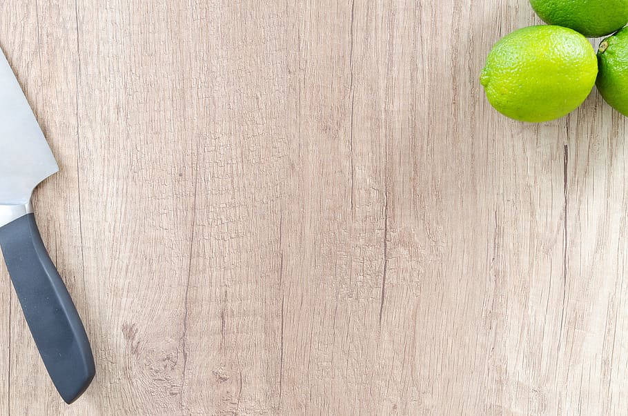 kitchen knife, three, limes, knife, food, wood, table, wooden, background, meal